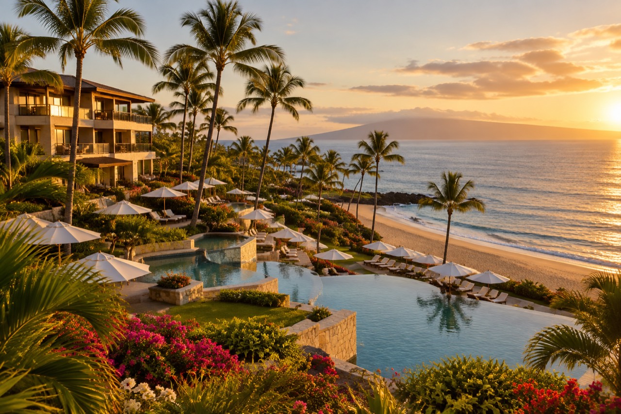 Terraced resort pools and palms above a sandy beach at sunset in Maui.