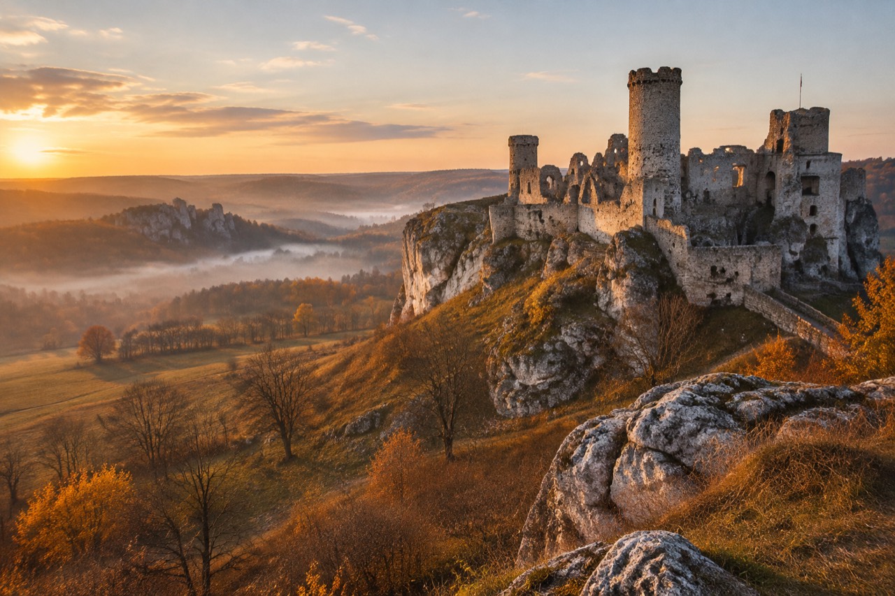 Ruined limestone castle towers on a rocky hill above misty Polish countryside at sunrise