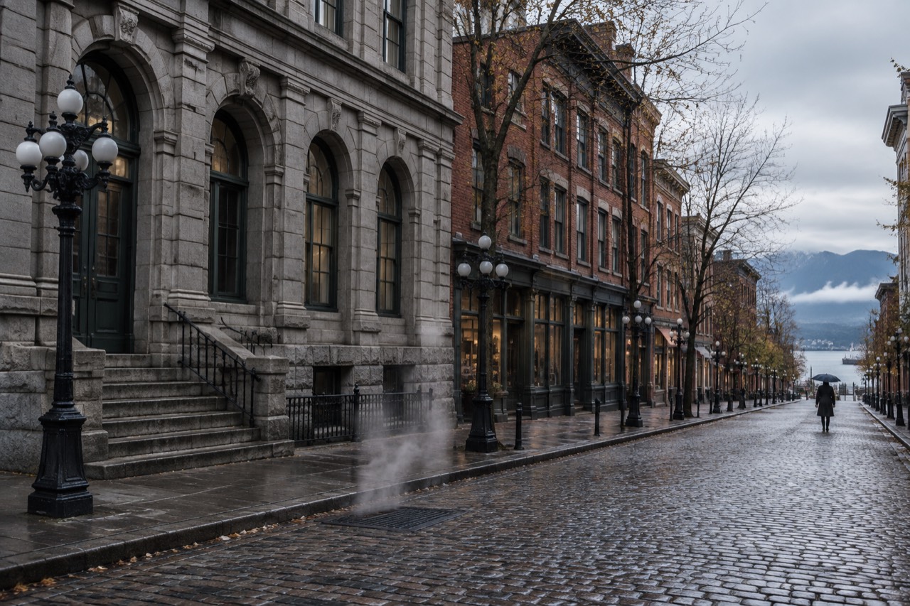 Heritage stone building with arched windows beside a cobblestone Gastown street under overcast morning light.