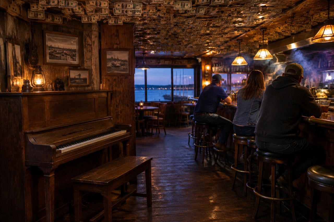 Dim tavern interior with wooden piano, dollar bills on ceiling, and long bar