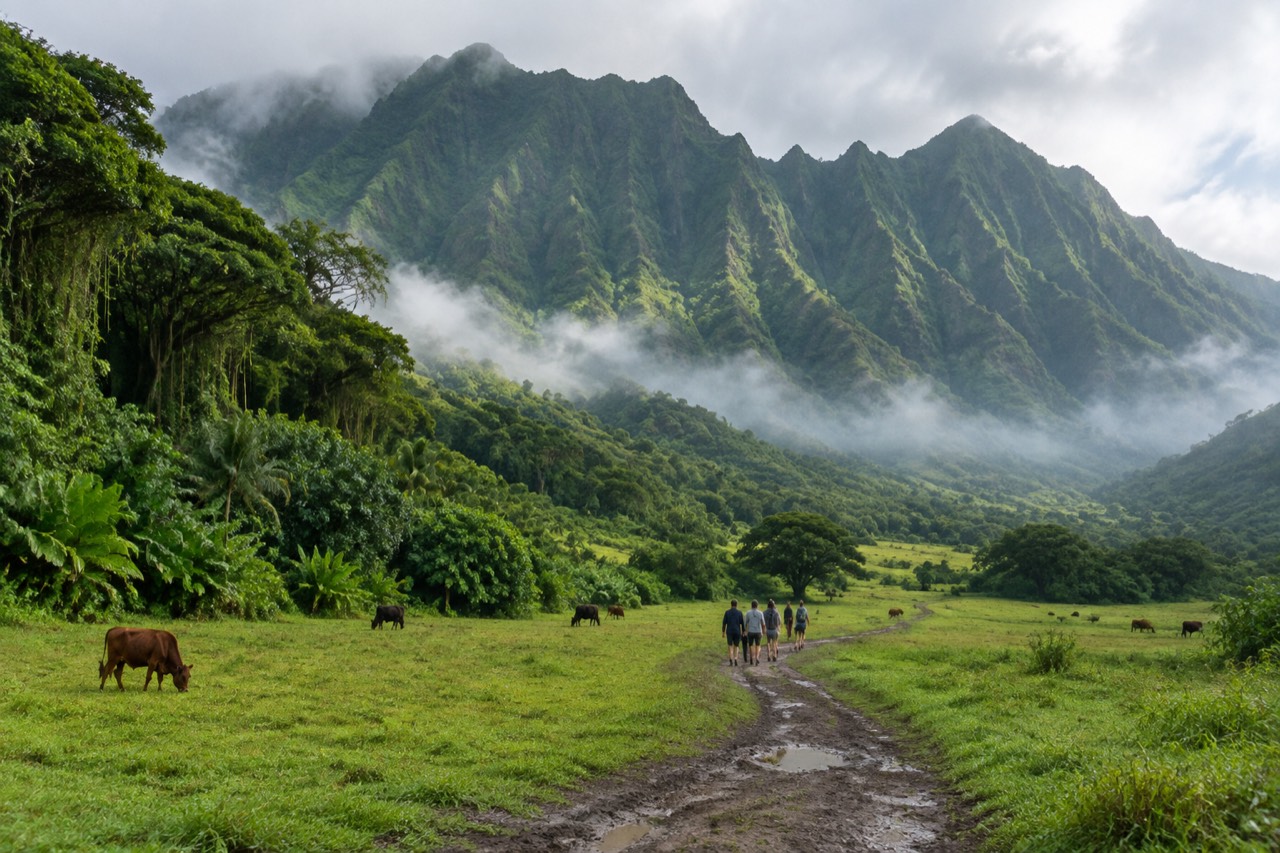 Green Hawaiian valley beneath steep misty ridges, with jungle, pasture and a dirt trail