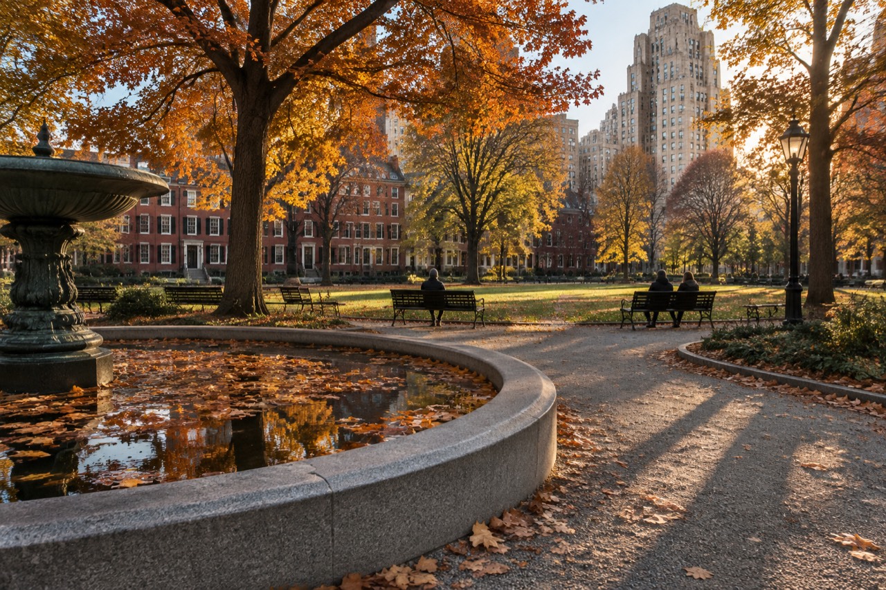 Autumn sunlight over Rittenhouse Square park with fountain, benches and city buildings