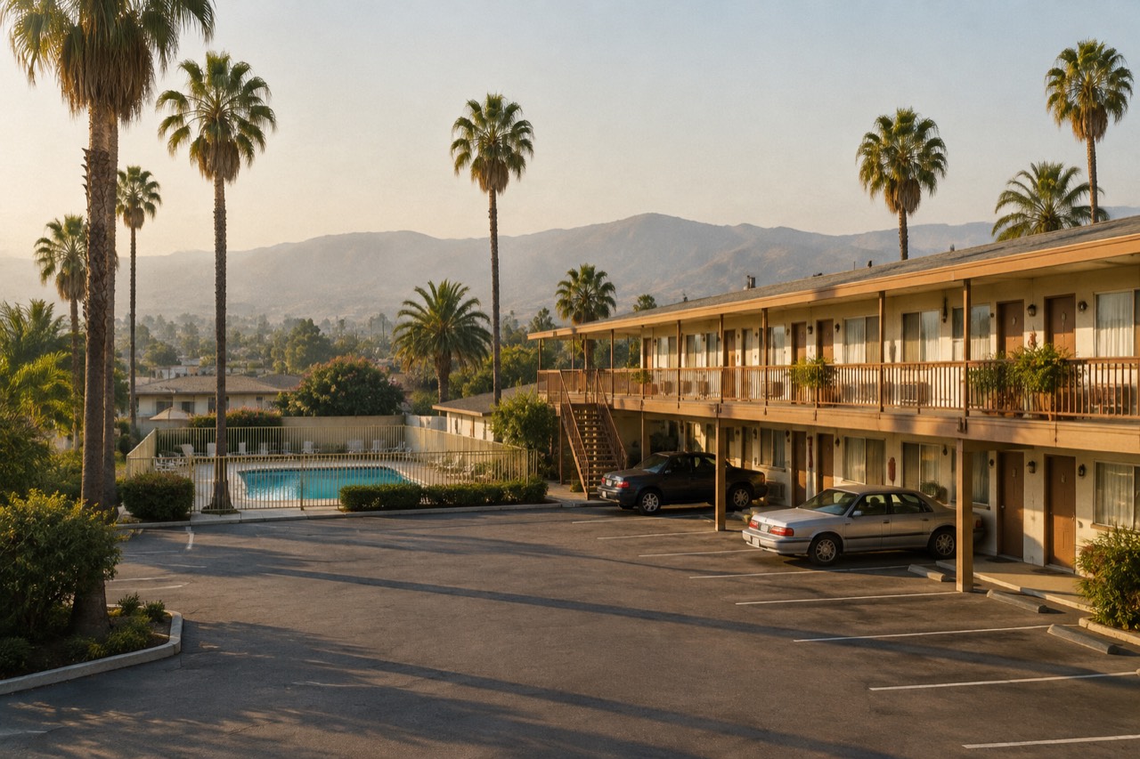 Two-storey Southern California motel with exterior walkways, palm trees and empty parking lot in sunlight.