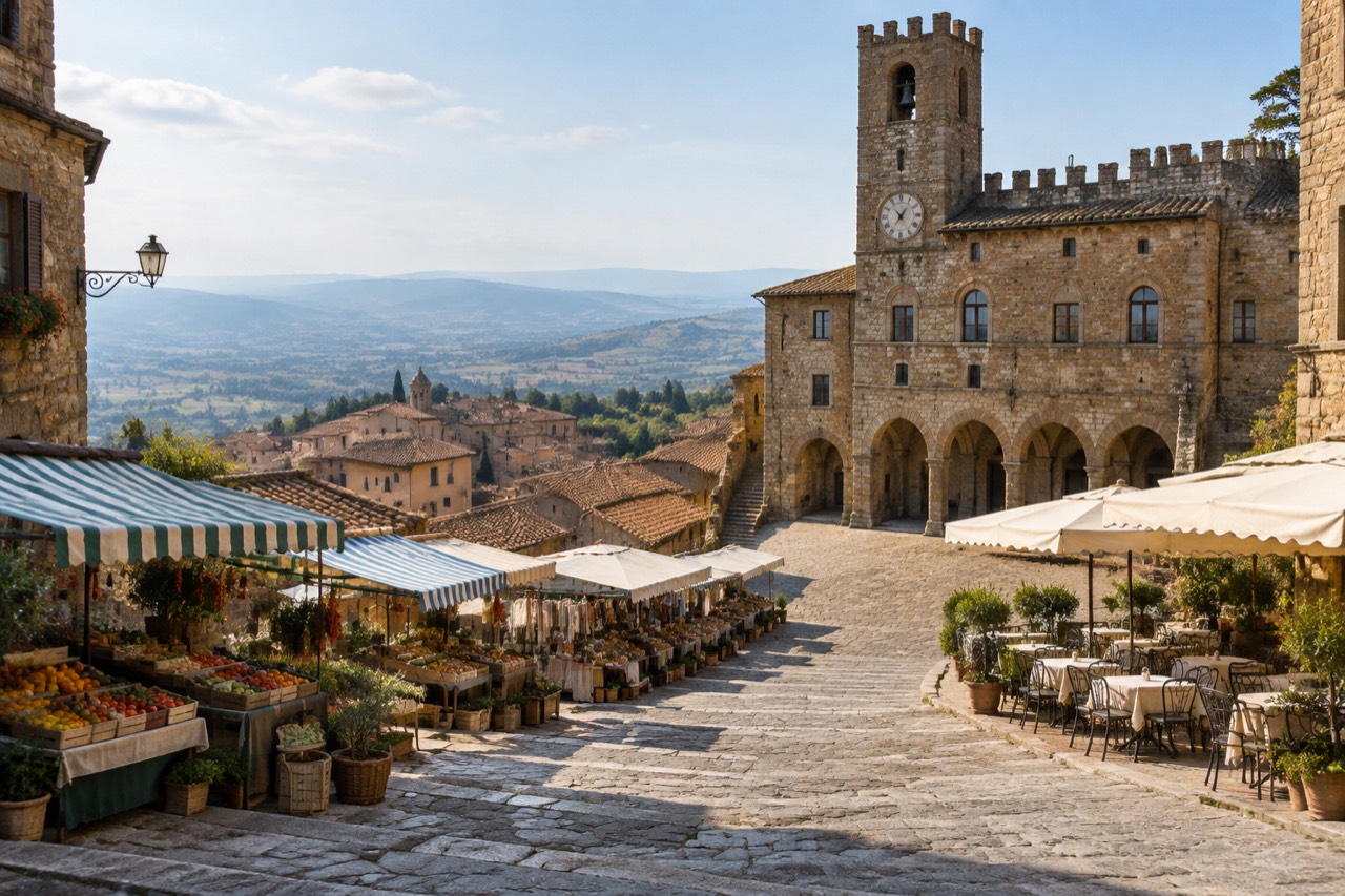 Sunlit sloping stone piazza in a Tuscan hill town with market stalls and terracotta rooftops