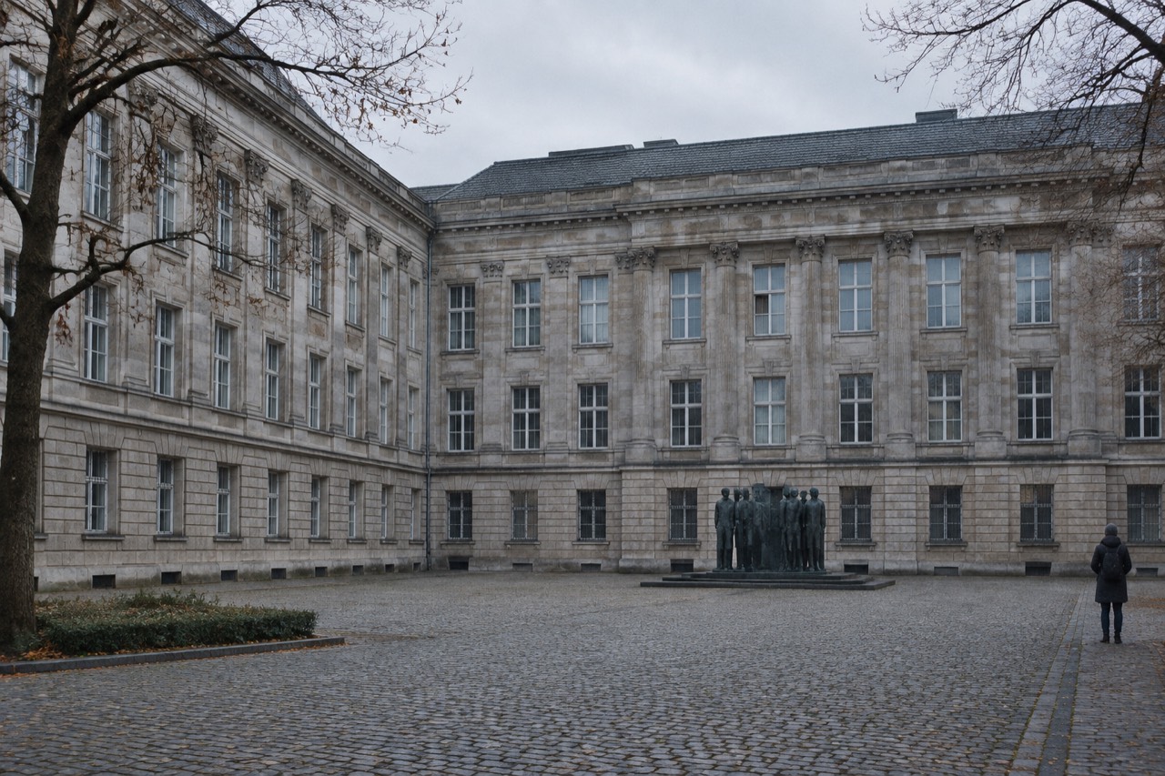 Grey neoclassical Berlin ministry building overlooking a cobblestone courtyard with memorial on a winter day
