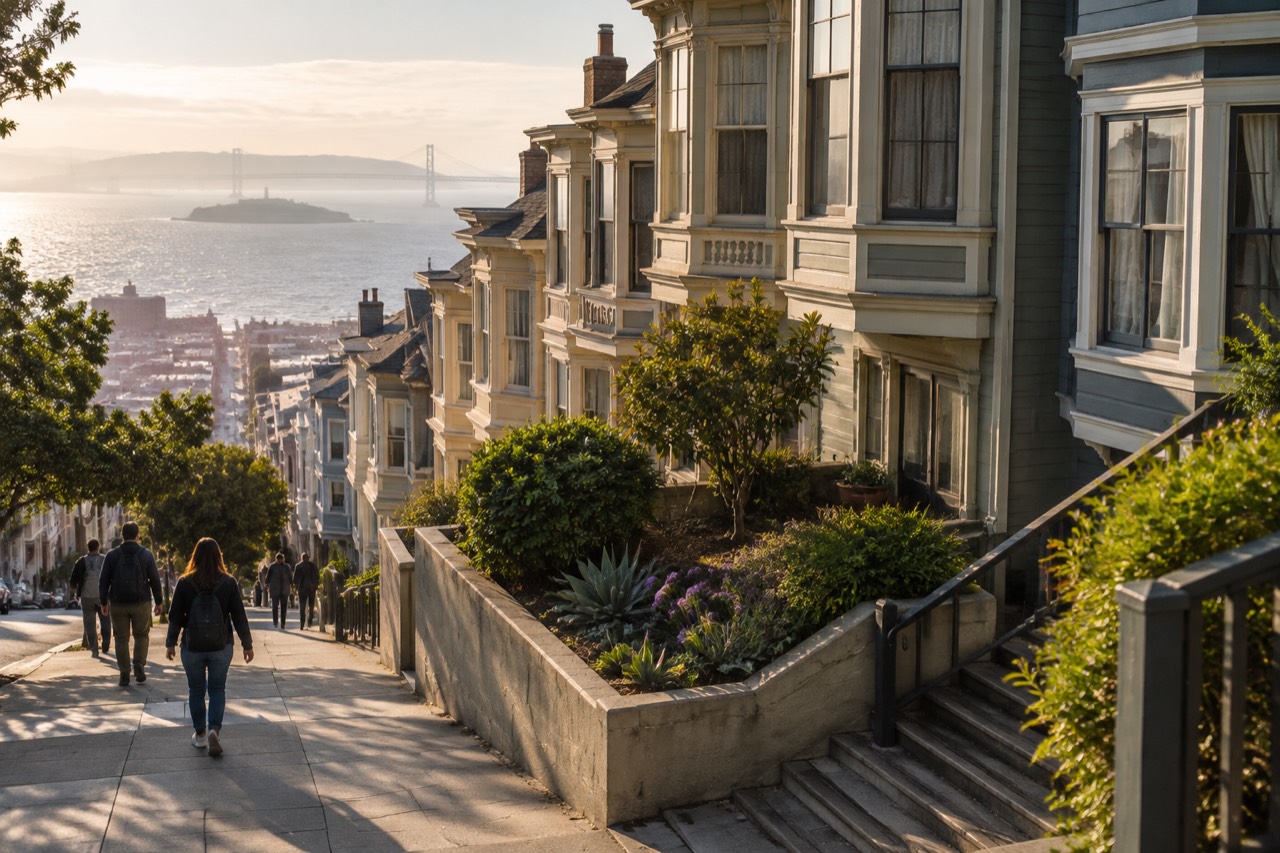 Steep Telegraph Hill street with Edwardian row houses and bay windows in soft afternoon light