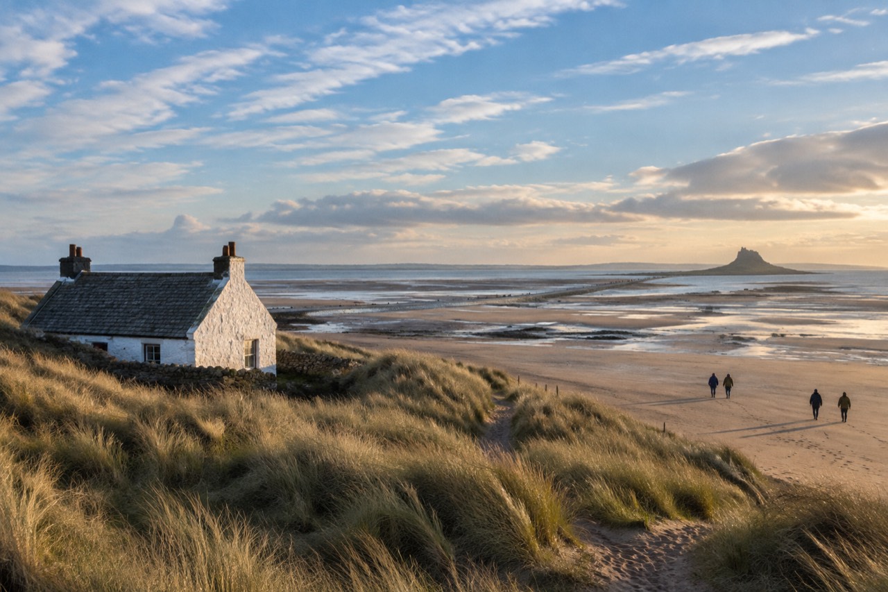 Whitewashed cottage behind dunes on Holy Island, causeway crossing sands at low tide