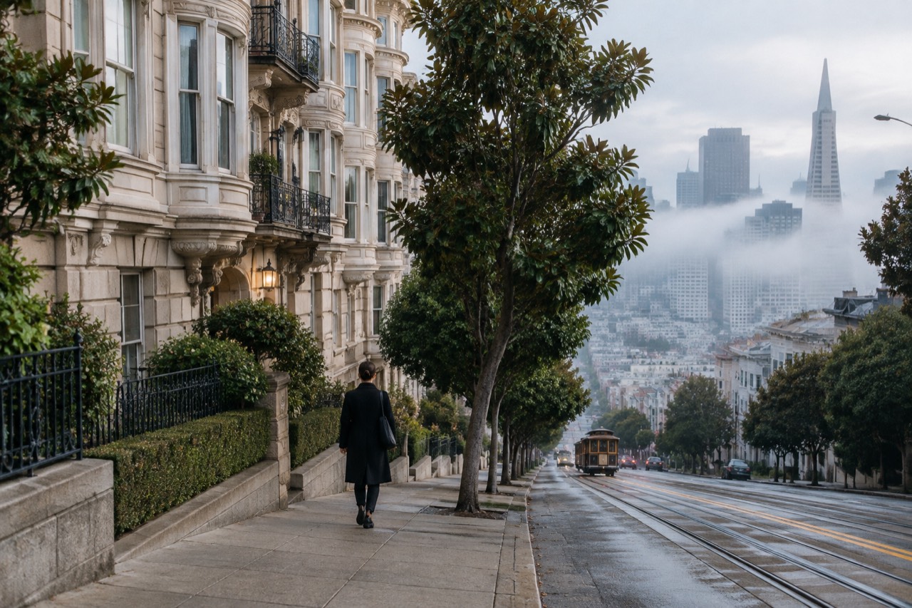 Historic apartment building with bay windows on a steep San Francisco hill, foggy morning, distant pedestrian