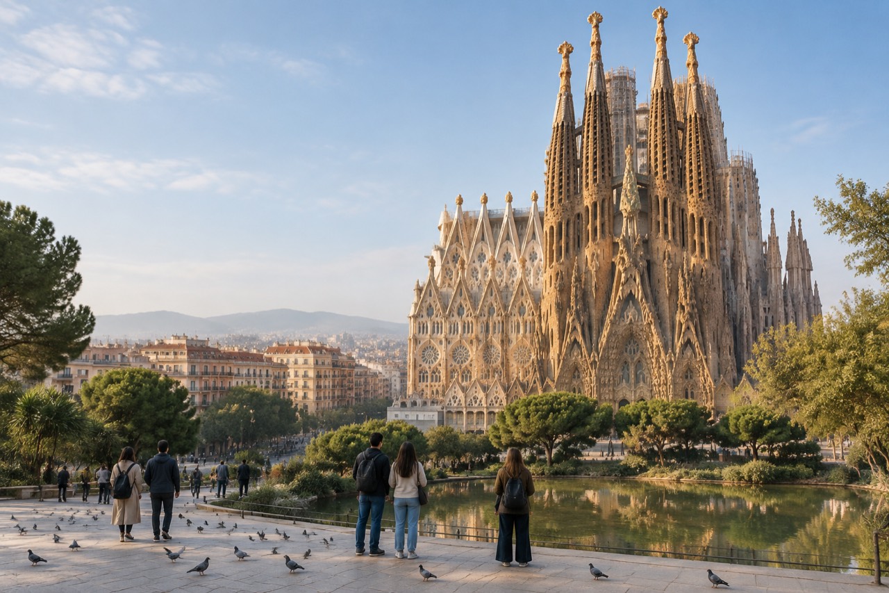 Sagrada Familia basilica spires above a sunny Barcelona square with reflecting pool