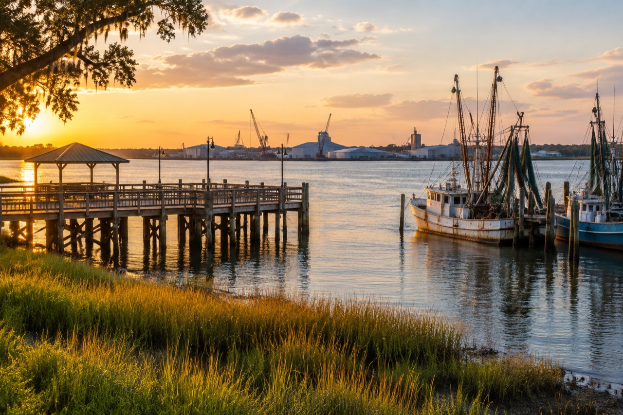 Wooden pier and shrimp boats at a Georgia waterfront park under golden light
