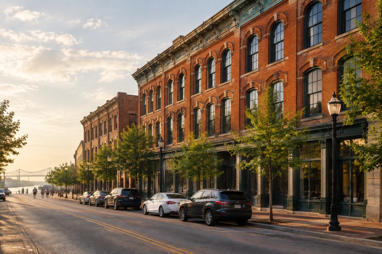Historic brick downtown street with arched windows, lampposts, parked cars, warm afternoon light