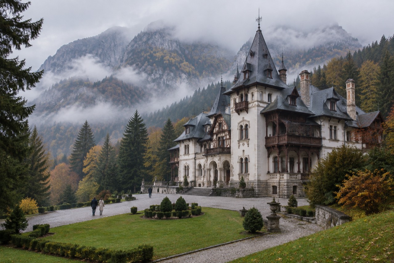 White Romanian manor with slate roofs amid pine forest and misty Carpathian mountains, autumn morning.