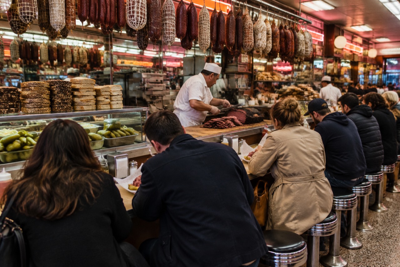 Warm deli interior with counter, hanging sausages and pastrami sandwiches
