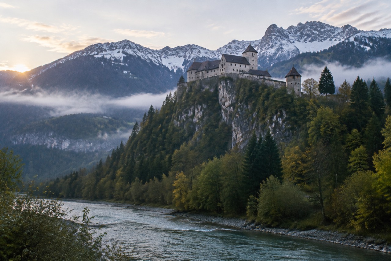 Medieval stone fortress on a rocky crag above an alpine valley in morning mist.
