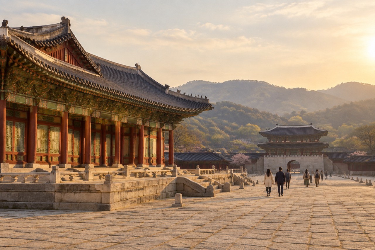 Grand Joseon-style palace hall with tiled roof across a wide stone courtyard, wooded hills behind