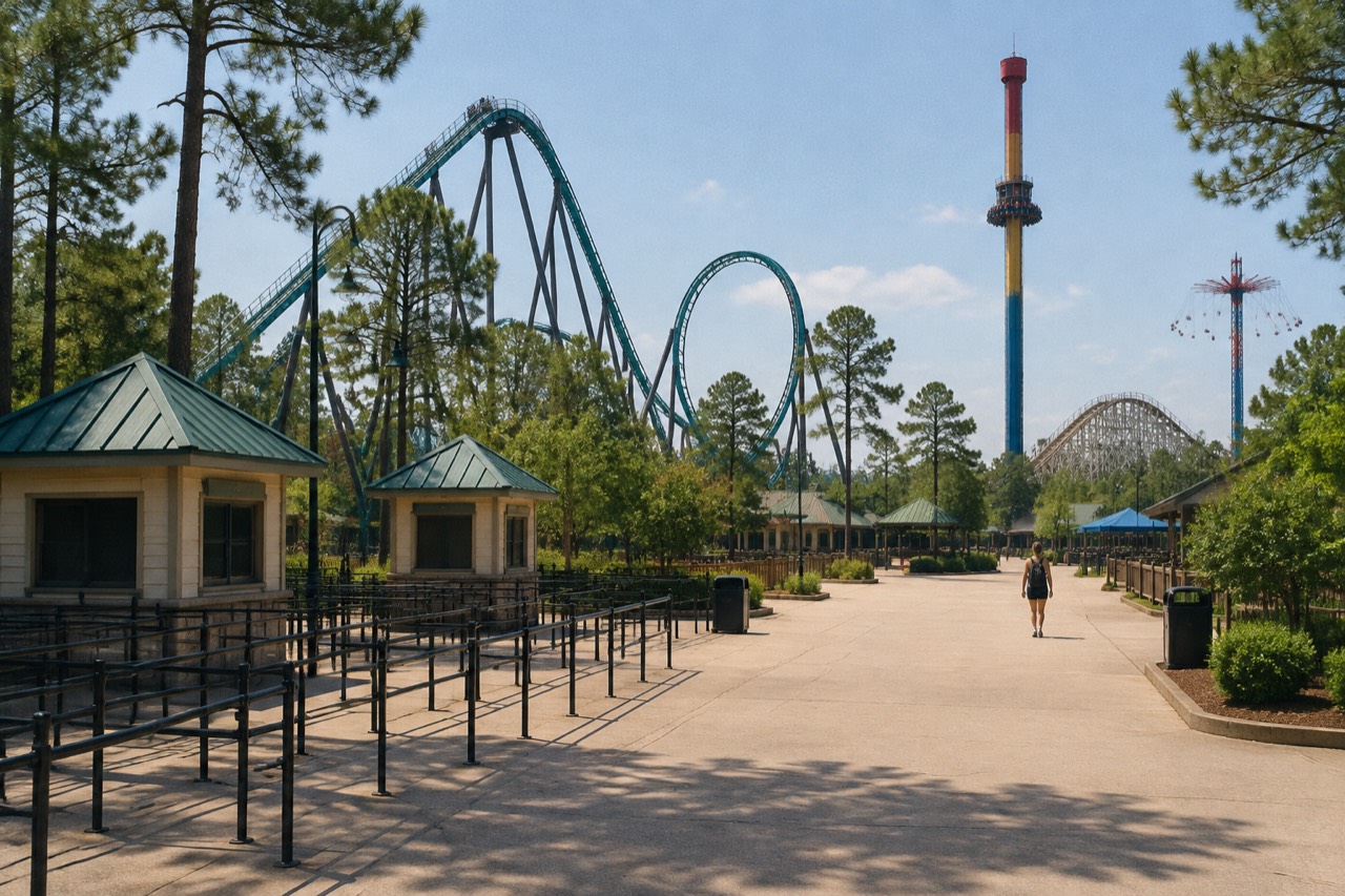 Roller coaster track and amusement rides under a hazy sky at a Georgia theme park