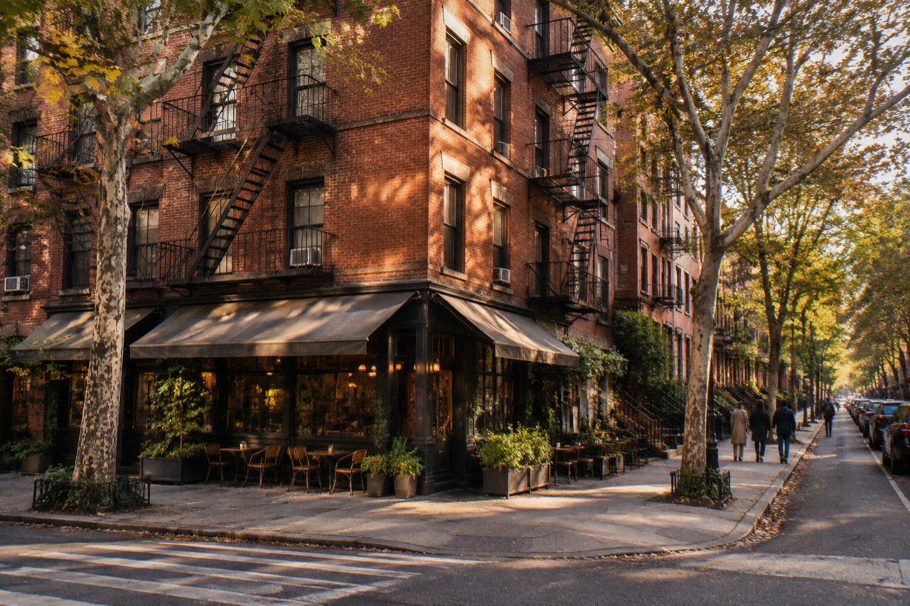 Red-brick apartment building with fire escapes above a small restaurant on a tree-lined Greenwich Village corner.