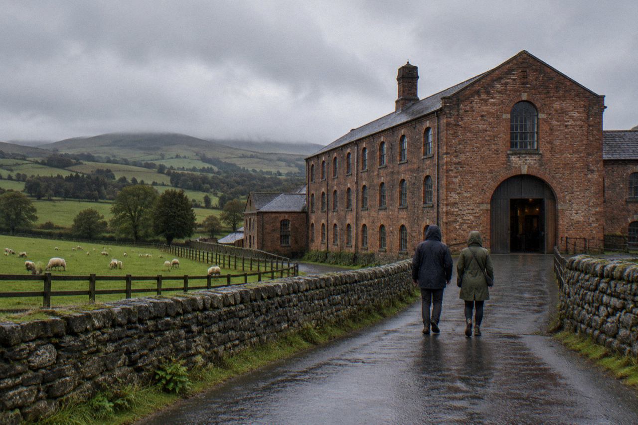 Red-brick linen mill in green hills under drizzle, visitors walking toward entrance