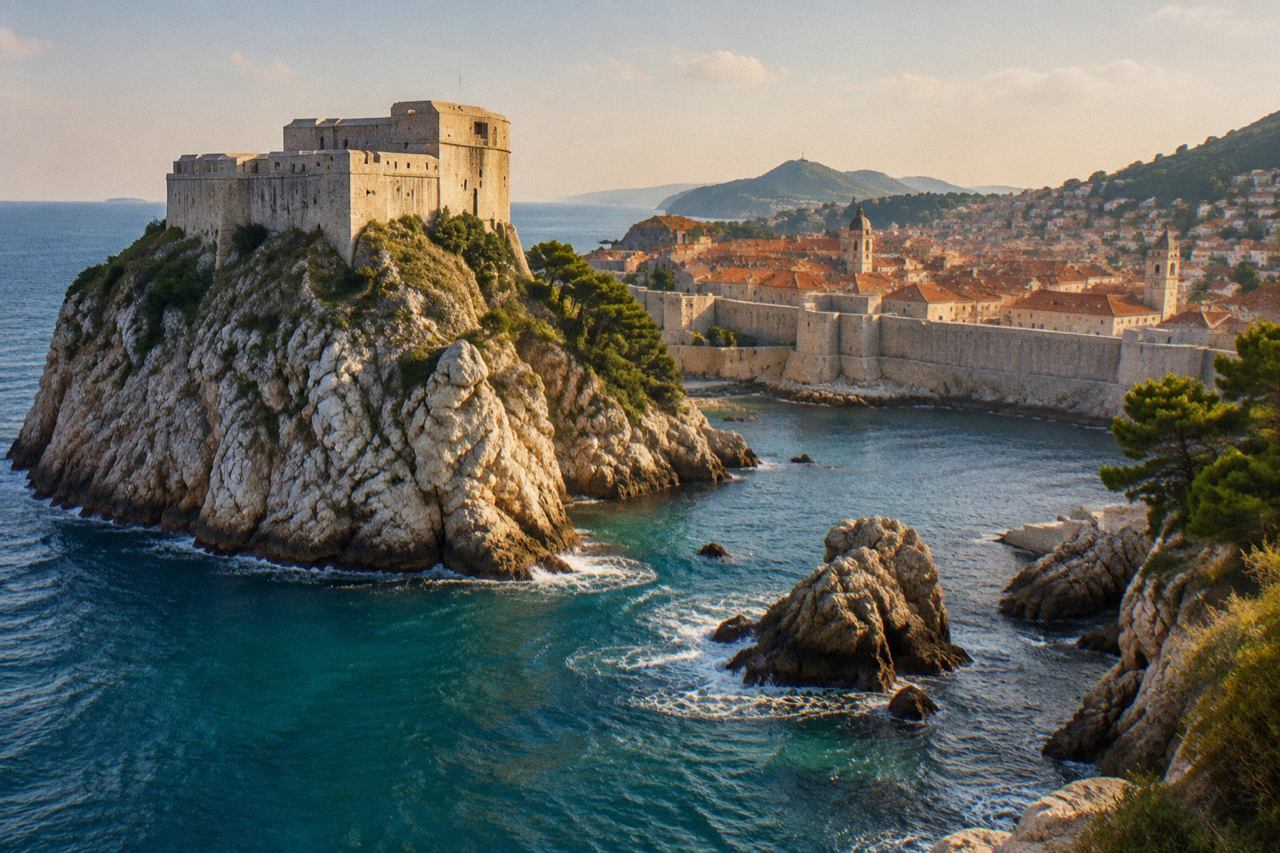 Stone fortress on a cliff above turquoise sea, terracotta rooftops glowing in late sunlight