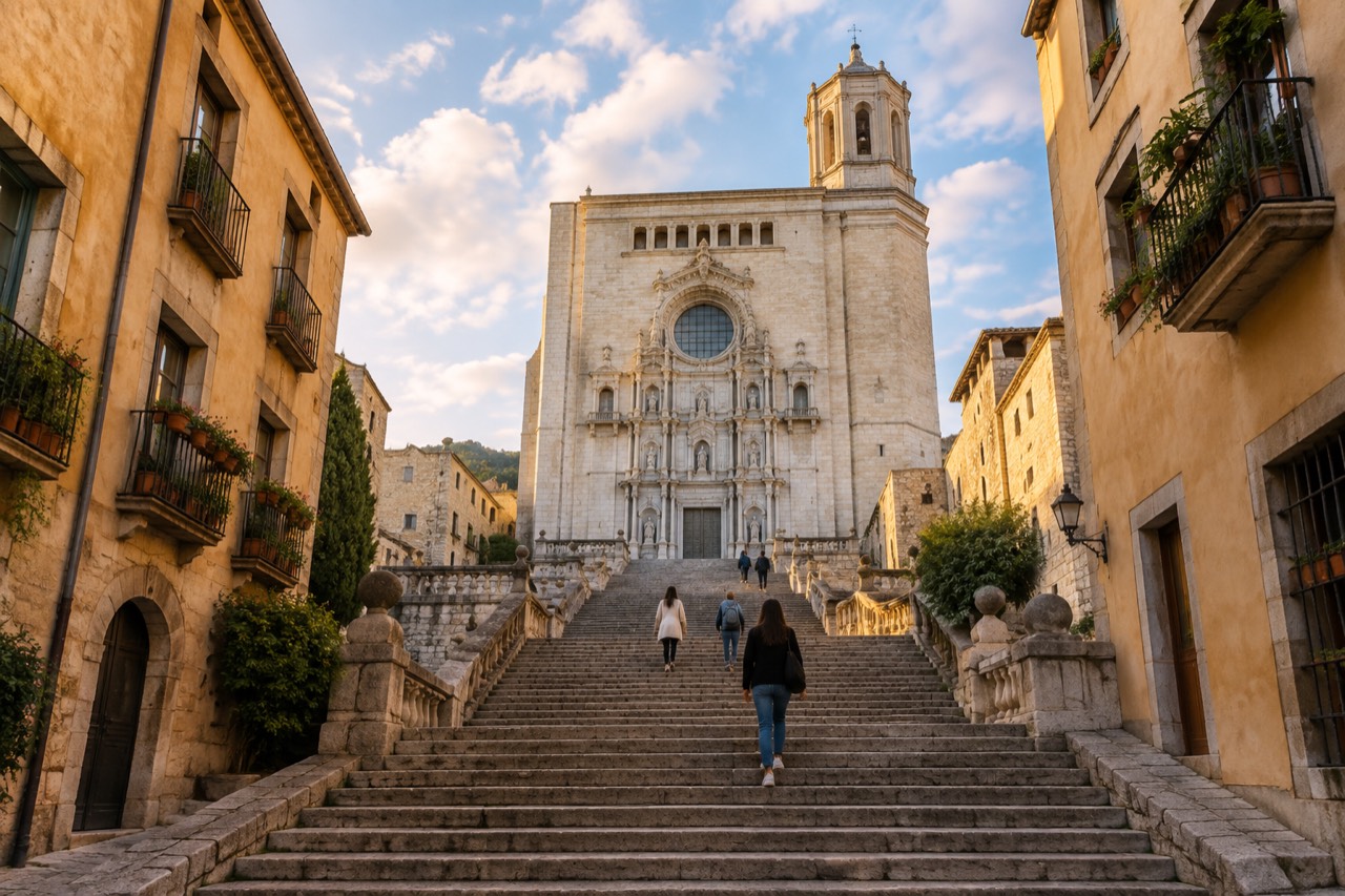 Stone staircase leading up to Girona Cathedral's baroque facade in warm afternoon light.