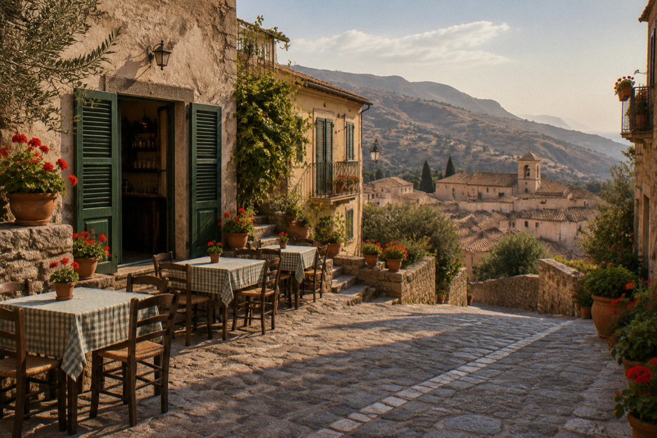Stone village street in Savoca with small bar, green shutters, sunny hills
