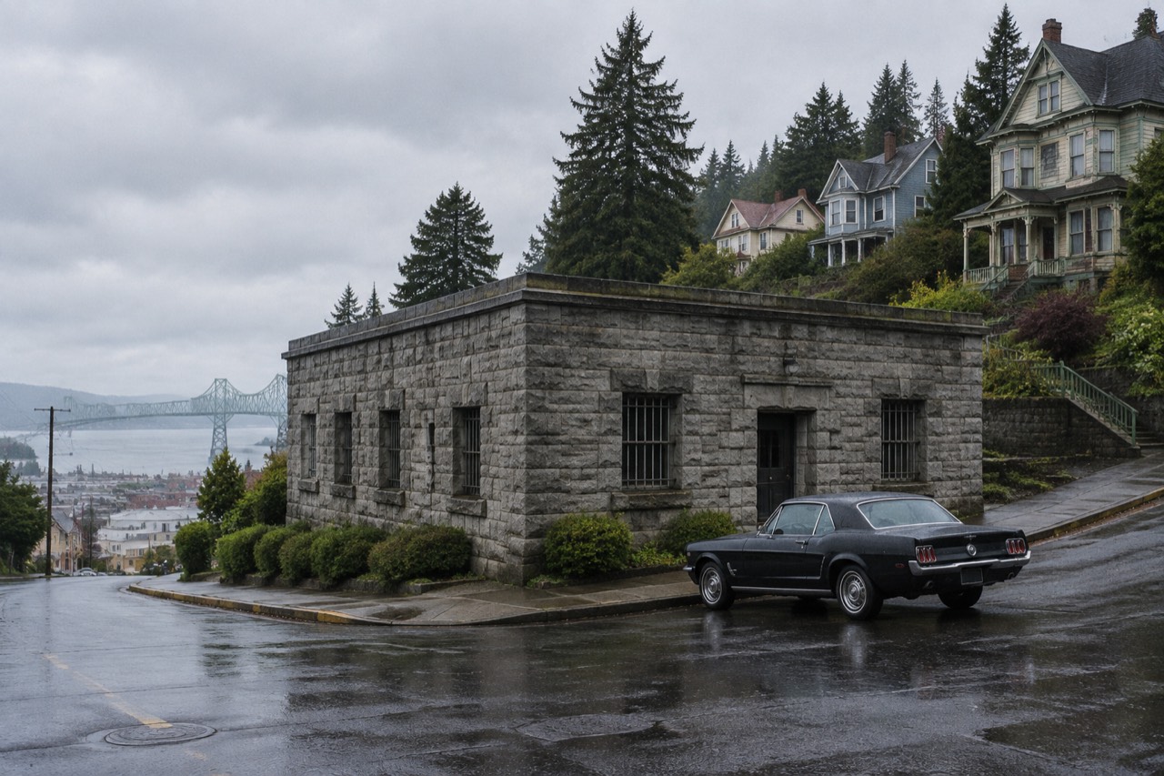 Old stone jail building with barred windows on an overcast Astoria hillside street