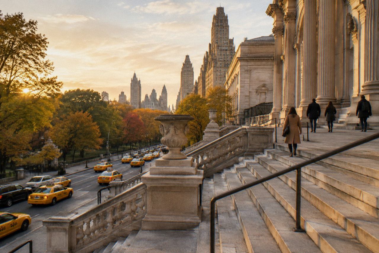 Broad stone museum steps on Fifth Avenue in warm autumn afternoon light