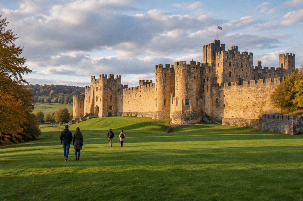 Sunlit medieval stone castle with battlements above green lawns and Northumberland parkland