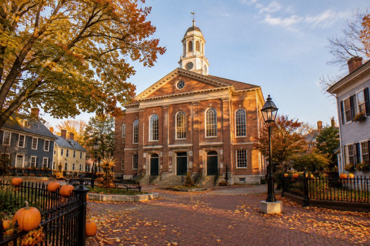 Historic brick town hall in autumn, Salem Massachusetts, golden light and pumpkins