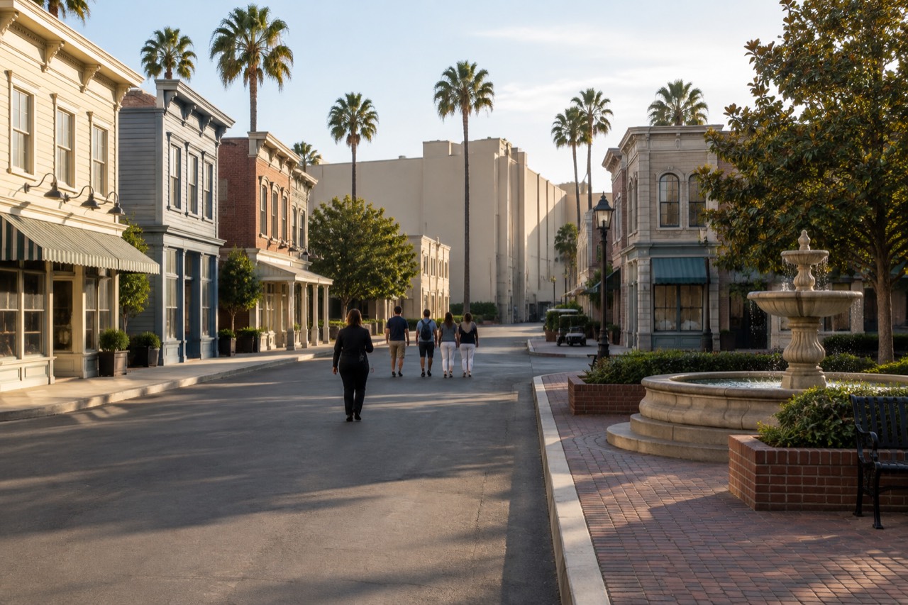 Sunlit studio backlot street with painted shop facades, palm trees, soundstages and a stone fountain