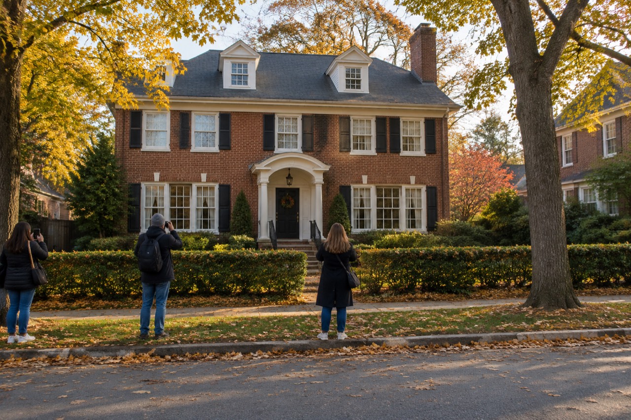 Red brick Georgian house behind a hedge on a leafy suburban street in autumn.