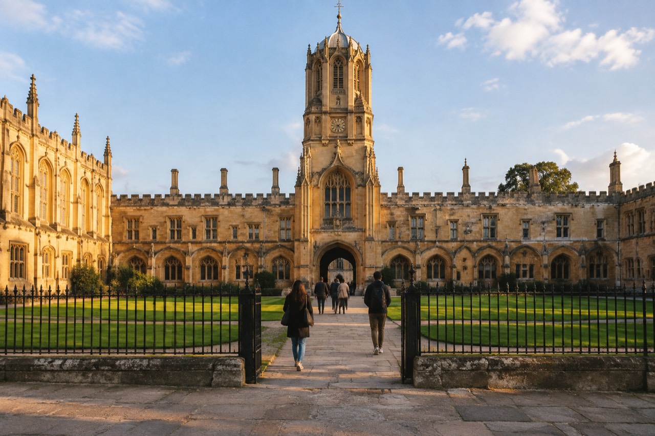 Honey-coloured stone quadrangle of an Oxford college with clock tower in afternoon light.