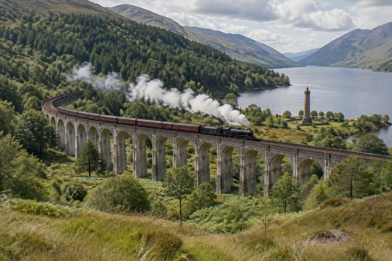 Steam train crossing a curved Highland viaduct above a loch with a stone monument tower.
