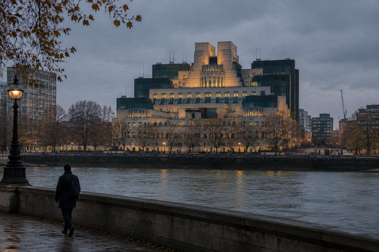 Monumental tiered stone government building beside the River Thames at dusk in London.