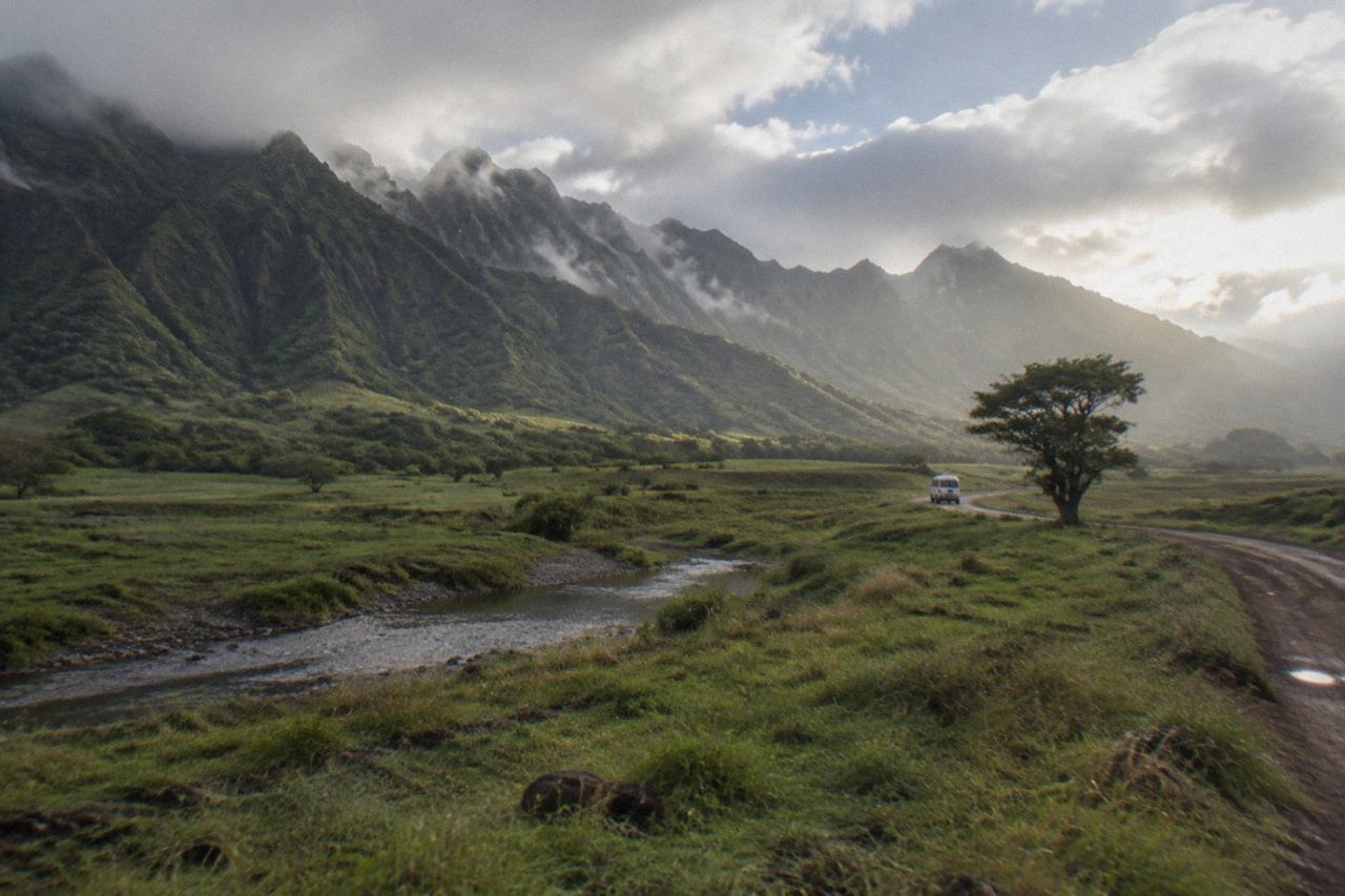 Grassy Hawaiian valley beneath ridged green mountains, dirt road and morning mist