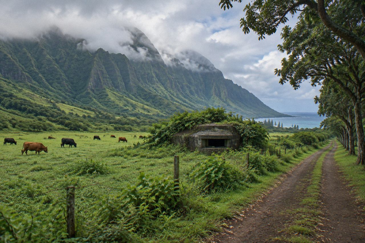 Green Koʻolau ridges above a grassy Hawaiian pasture with a small concrete bunker