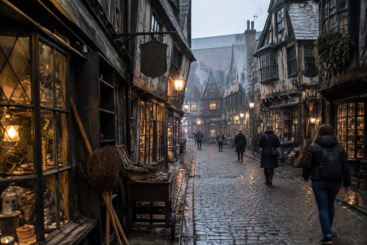 Crooked timber-fronted shopfronts line a cobbled studio alley under warm lights and high steel trusses.