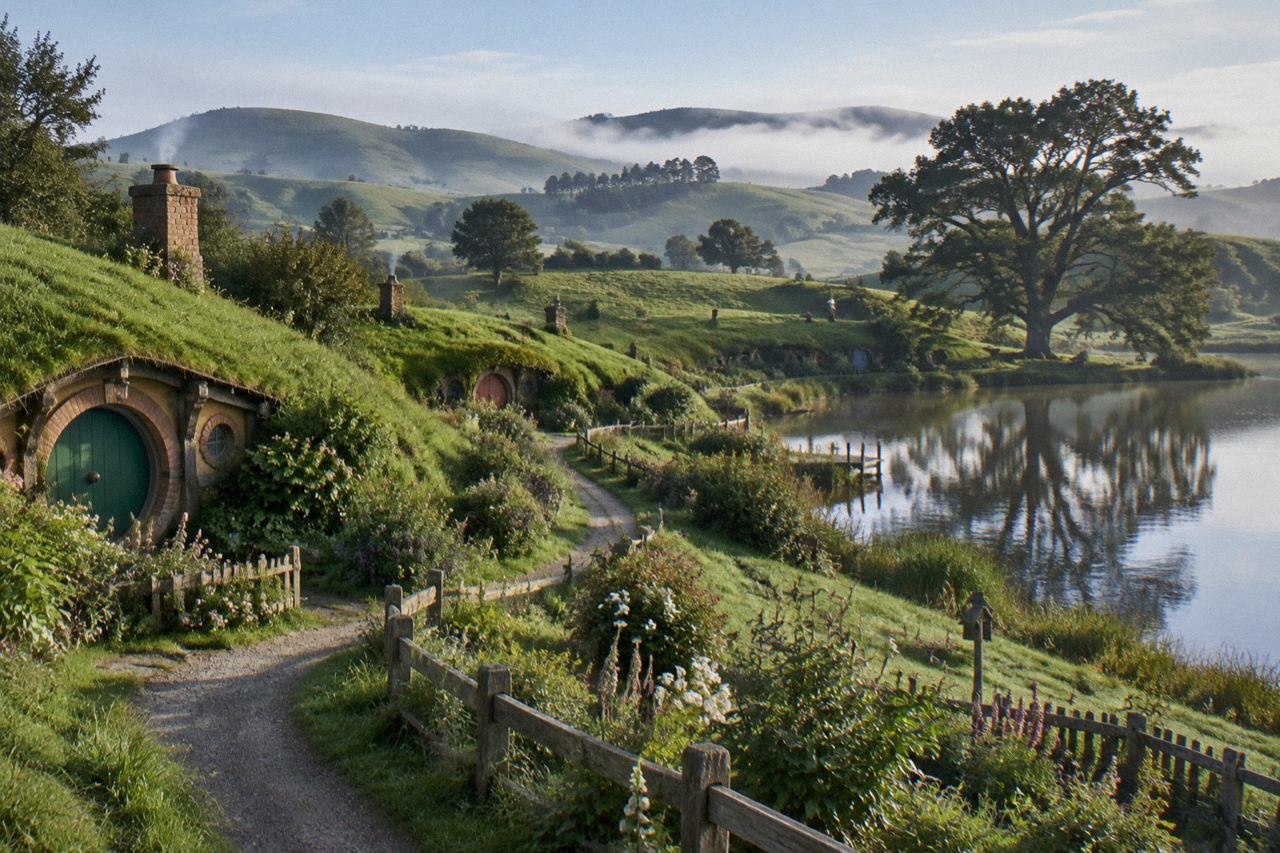 Round-doored cottages built into green hills beside a lake in morning light.