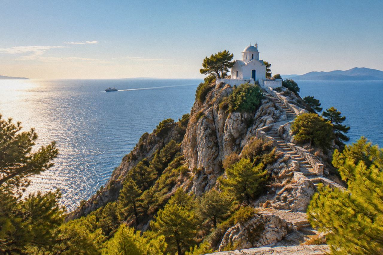 Whitewashed chapel atop a rocky outcrop above turquoise sea, stone steps winding up.