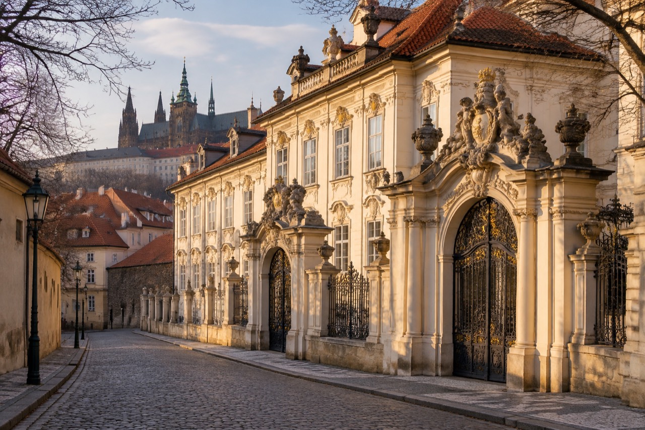 Pale Rococo palace facade on a cobblestone street with castle spires above, Prague Lesser Town.