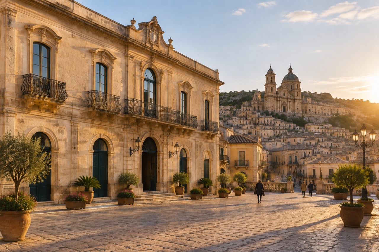 Sunlit baroque town hall on a stone piazza in Scicli, Sicily