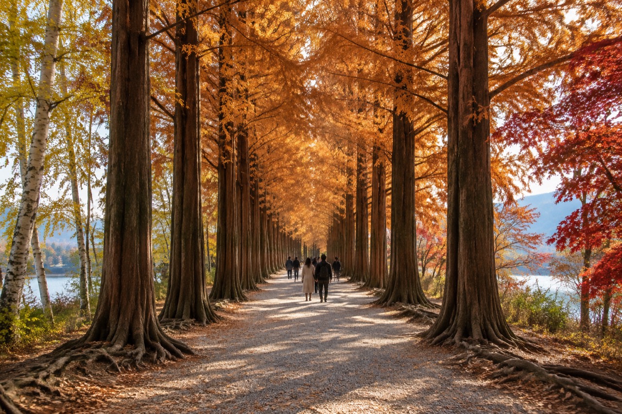 Tree-lined gravel avenue on Nami Island in autumn, copper metasequoia tunnel, distant visitors