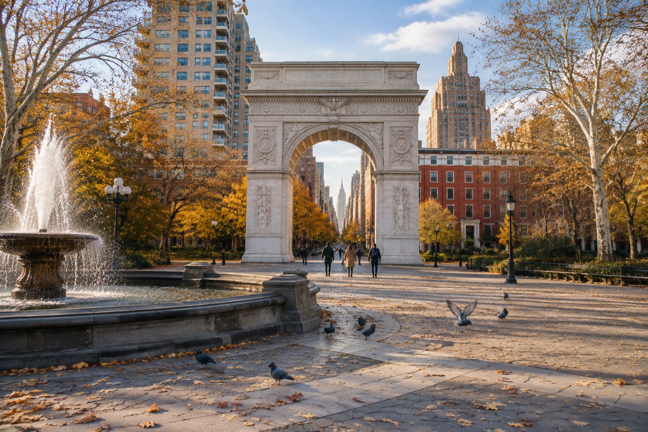 Marble arch at Washington Square Park in autumn afternoon light, fallen leaves and distant strollers