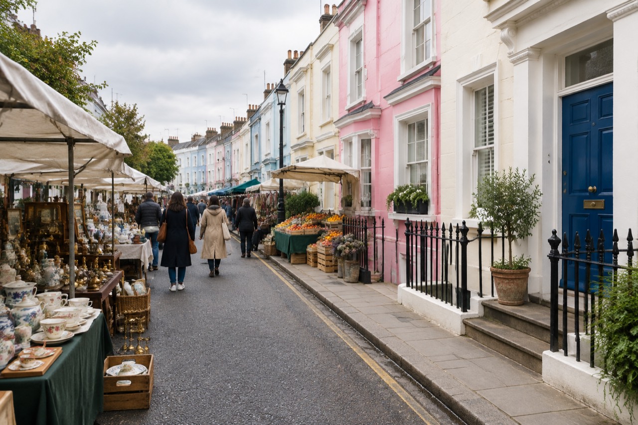 Pastel terraces and market stalls under grey skies on a London street, blue door