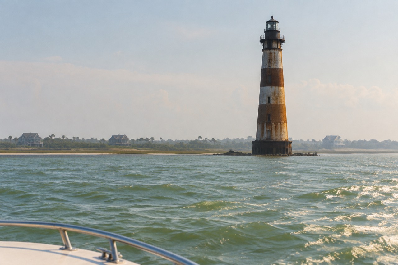 Weathered lighthouse standing offshore in green shallows, seen from a boat, lowcountry coast behind