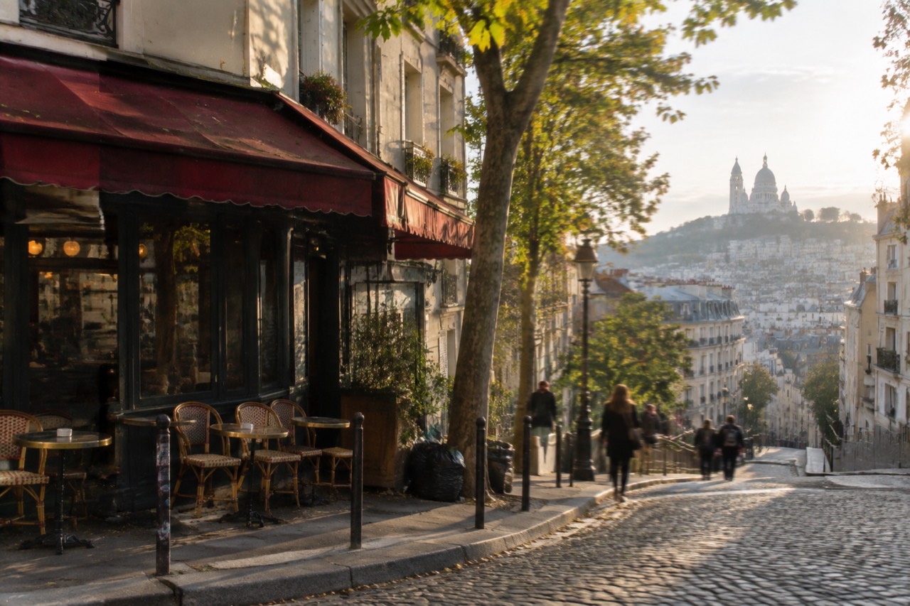 Morning light on a Montmartre cafe terrace with cobblestone street and domed basilica above