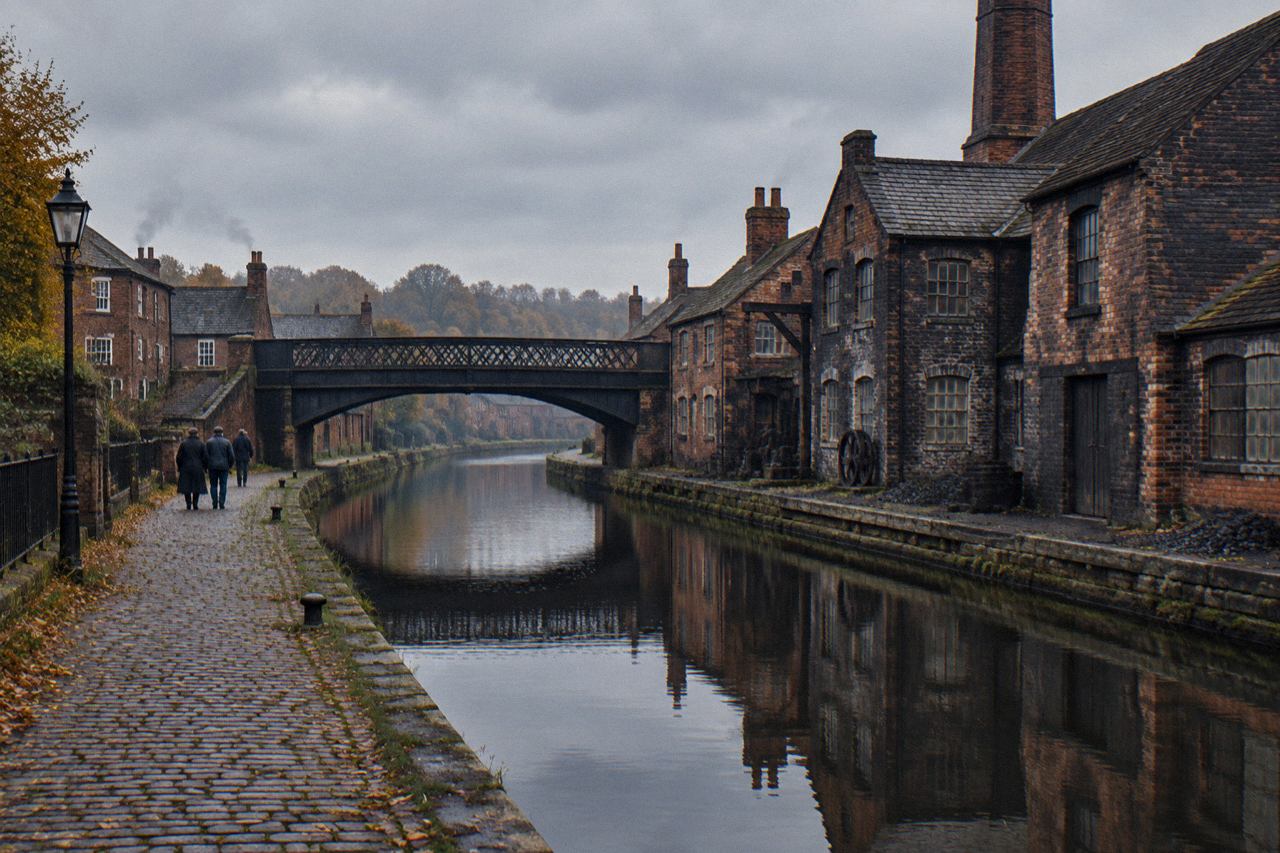 Grey canal towpath between dark brick cottages and workshops, iron bridge, autumn morning