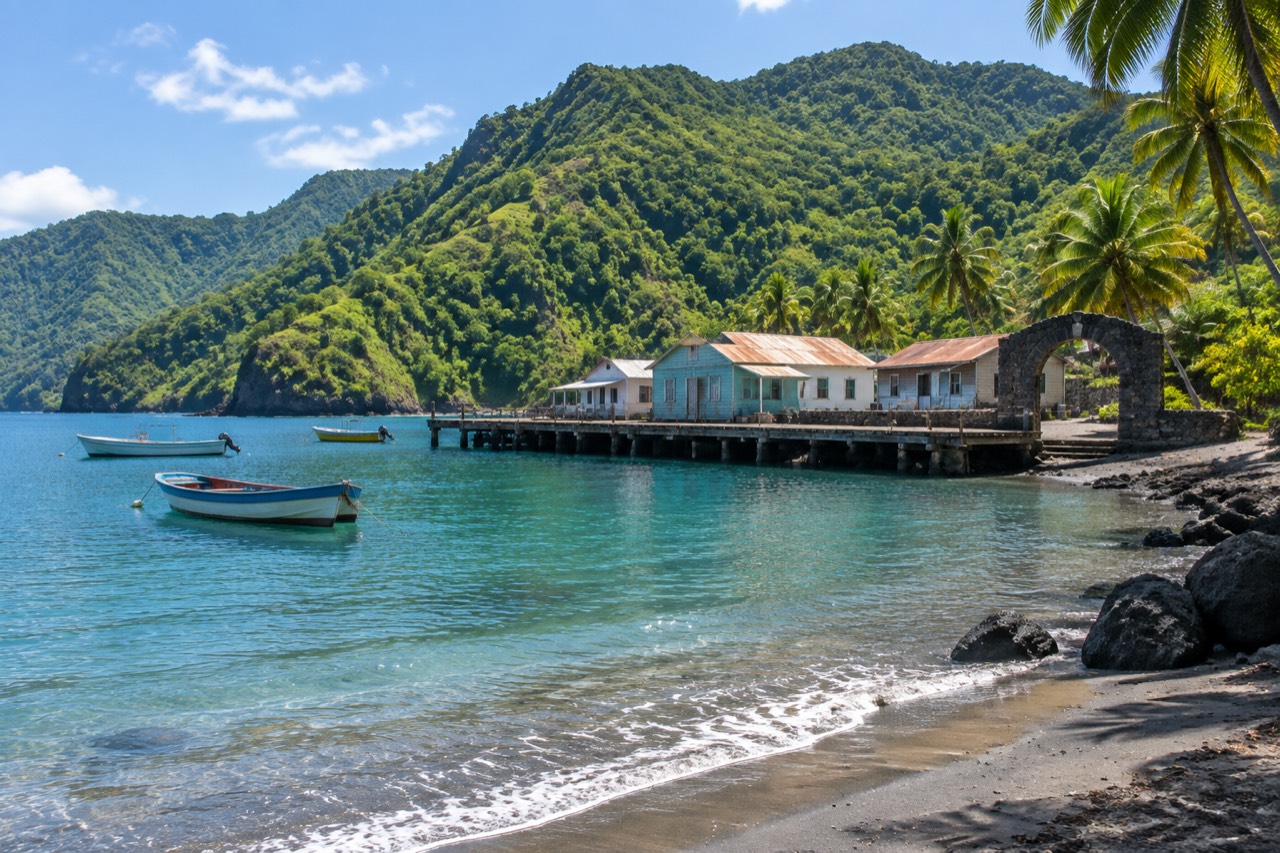 Weathered wooden jetty and waterfront buildings in a green Caribbean bay with turquoise water.