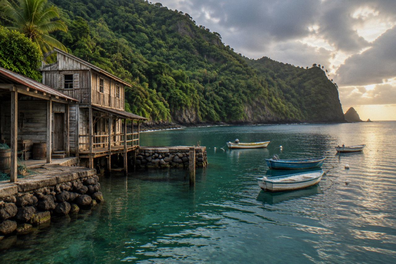 Weathered wooden waterfront facade at a lush green tropical bay with small boats