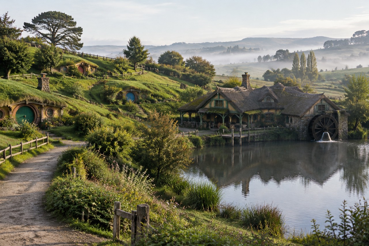 Round-doored cottages tucked into green hillsides beside a pond, mill and small inn